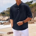 thumbnail image 4 of Havenx Men's Henley Shirts Roll-Up Long Sleeve Button Up Shirt Band Collar Textured T Shirt Summer Lightweight Loose Fit Casual Tees,Navy L, 4 of 5