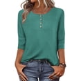 thumbnail image 2 of FAIWAD Womens Tops Casual 3/4 Length Sleeve Crew Neck Button T-Shirts Solid Color Loose Work Daily Blouses, 2 of 9