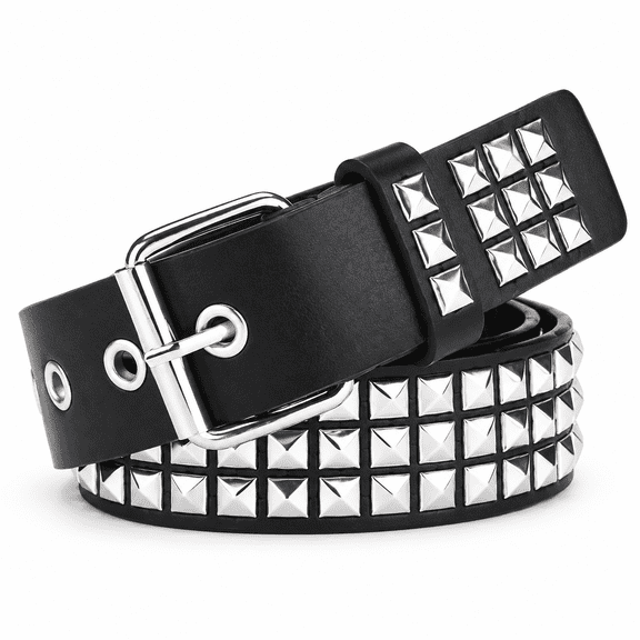 Black Studded Belt for Women and Men, 3-Row Silver Pyramid Studs, Adjustable PU Faux Leather Punk Belt