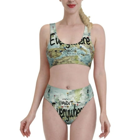 Bixox I Haven t Been Everywhere But Its On My List Pattern Two-Piece Sports Bikini with U-Shaped Top and High-Waist Bottom - Women s Swimwear with Removable Bra Pads