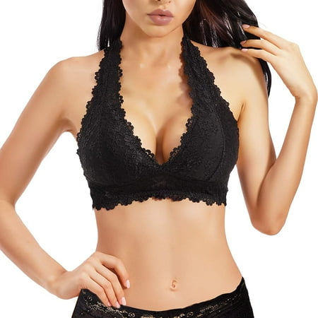 

Molutan Women Halter Lace Bralette Deep V Lace Bra with Removable Padded Wirefree Lingerie Backless Crop Top(Black 2XL)
