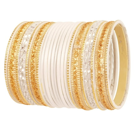 NEW! Sunsoul By Touchstone "Colorful 2 Dozen Bangle Collection" Indian Bollywood Textured White Golden Colors Designer Jewelry Bangle Bracelets Set Of 24 In Antique Gold Tone For Women.