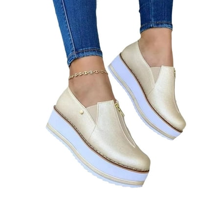 

Rotosw Women Casual Shoe Slip On Loafers Comfort Walking Shoes Zipper Platform Work Thick Sole Golden 8.5