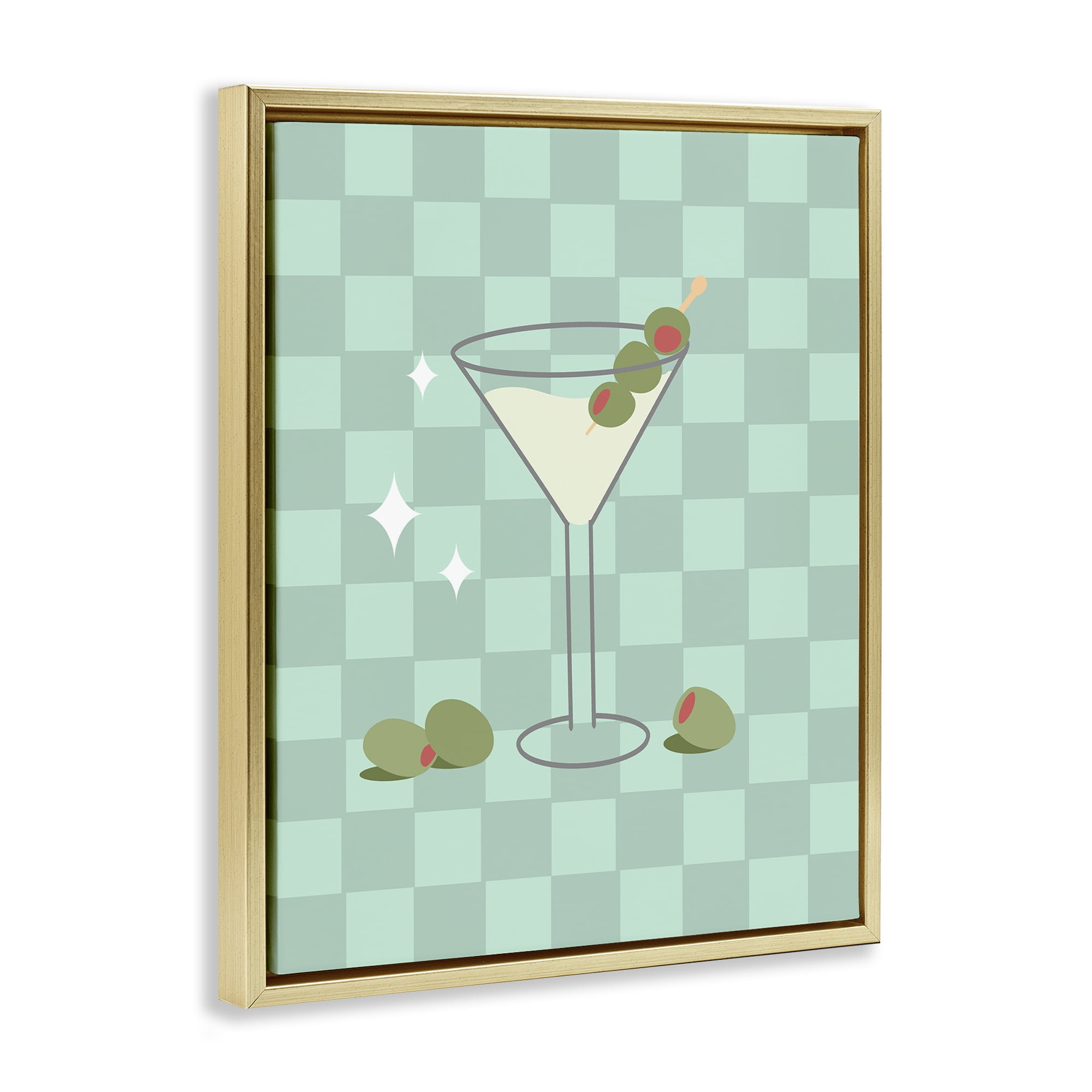 Stupell Industries Checkered Dirty Martini Food & Beverage Painting Gold Floater Framed Canvas Art Print Wall Art, 17 x 21