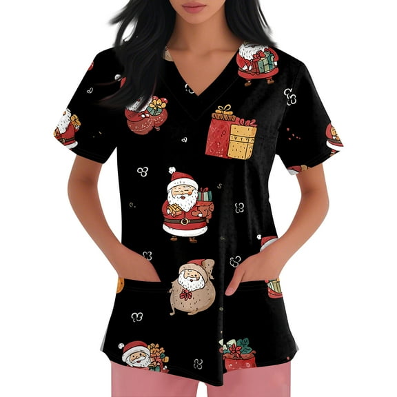Garbnen Christmas Scrub Tops Women Plus Size V Neck Short Sleeve Nursing Tops Xmas Printed Nurse Uniform with Pockets S-5XL