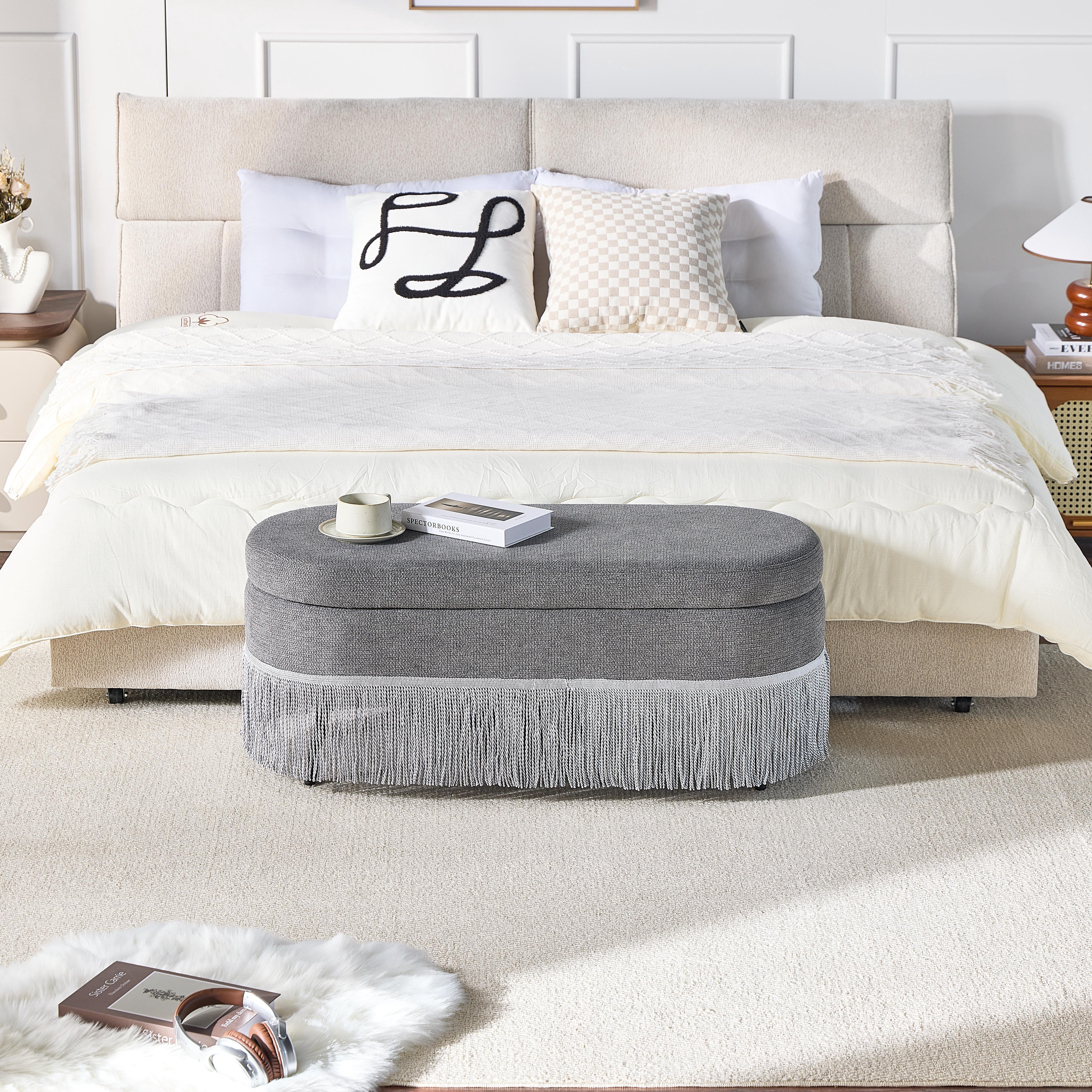 Oval Storage Ottoman with Fringe Trim & Lift-Top Lid, Multi-Functional Footrest Bench with Hidden Storage for Living Room or Bedroom, Space Saver, Grey