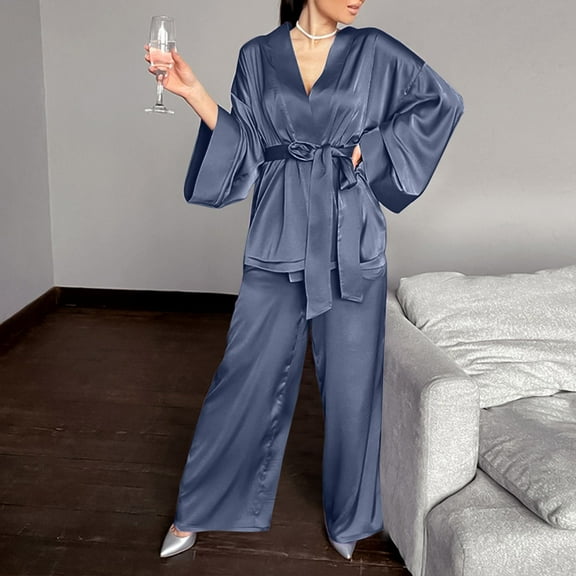 BONIXOOM Matching Pajamas For Couples Womens Pajamas Sleepwear None Long Sleeve Solid Sleepwear Sets Blue M