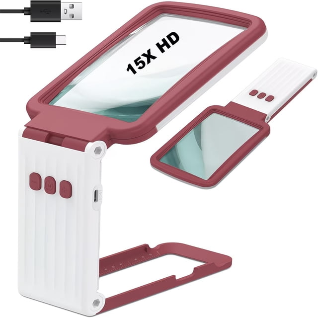 Lupa con luz y soporte, lente de cristal real, lupa de mano plegable recargable, 3 modos de color LED regulable for leer impresiones finas, personas mayores con baja visión