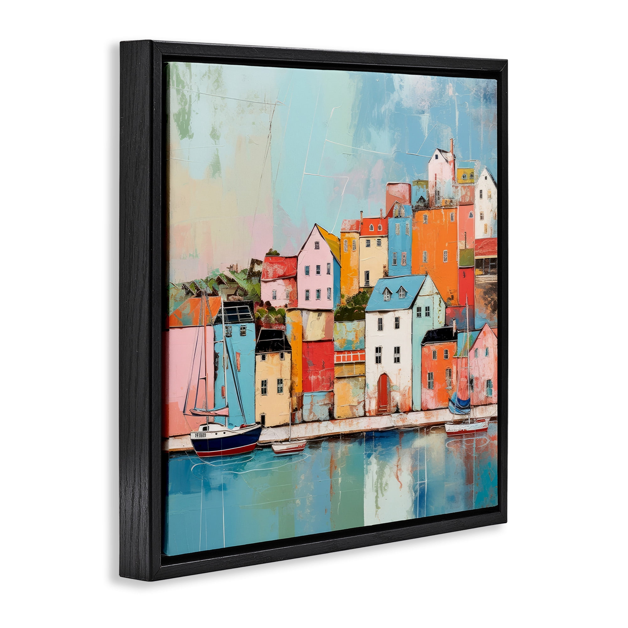 Stupell Industries Seaside Neighborhood Painting Transportation Painting Black Floater Framed Canvas Art Print Wall Art, 18 x 18