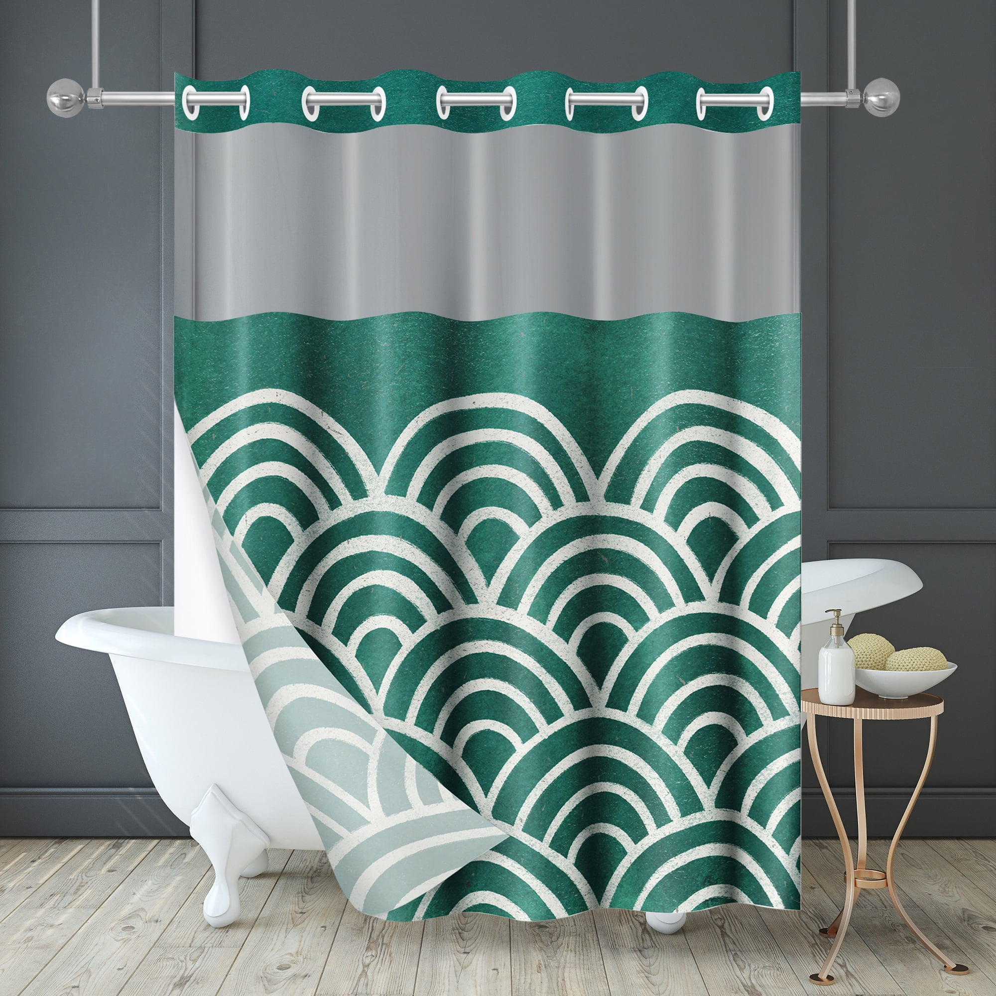 Americanflat 72x75 Hookless Shower Curtain - Abstract Green White Shower Curtain with Sheer Panel, Snap-In Liner, and Grommets - 100% Polyester