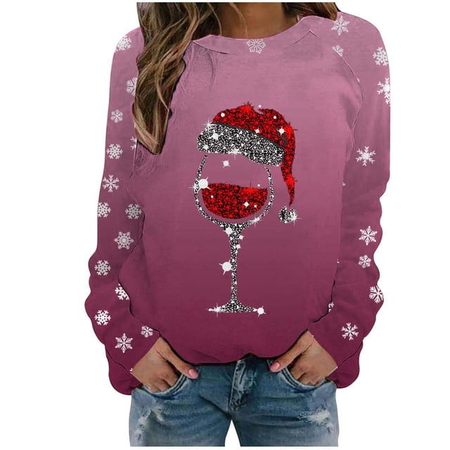 VJATTWR Mes Articles Chandail en Molleton de Noël pour Femmes Automne et Hiver Flocon de Neige Rouge Verre Dégradé Imprimé Col Rond Épaule Manches Longues Décontracté Sport Chandail en Molleton Get it Fast