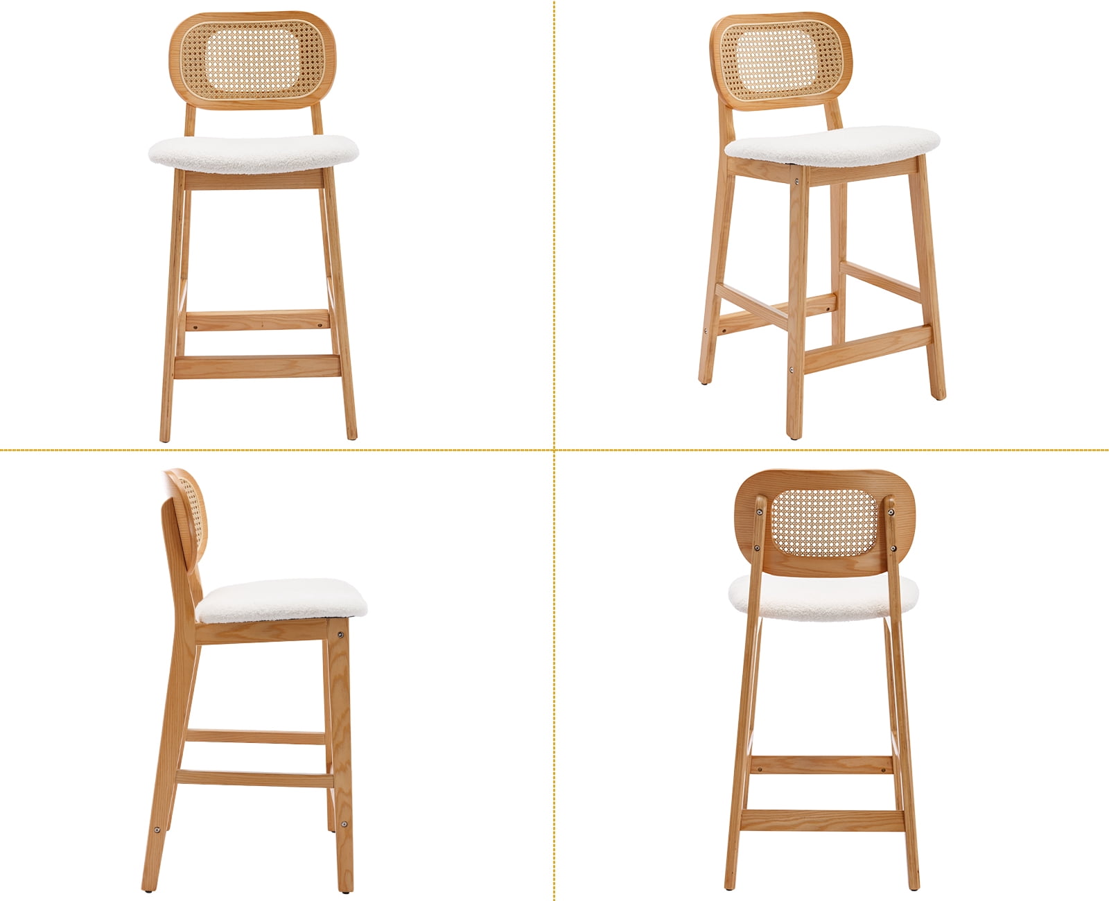 Dayalane Rattan Counter Height Bar Stools Set of 2, 26" Mid Century Modern Wood Farmhouse Barstools with Footrest, Sherpa Upholstered Kitchen Island Chairs for Pub Restaurant, White