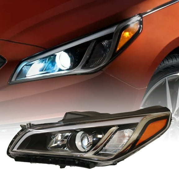 Left Driver Side Headlight Halogen Headlamp For Hyundai Sonata 2015 2016 2017 Direct Fit Replacement Chrome Housing, Clear Lens