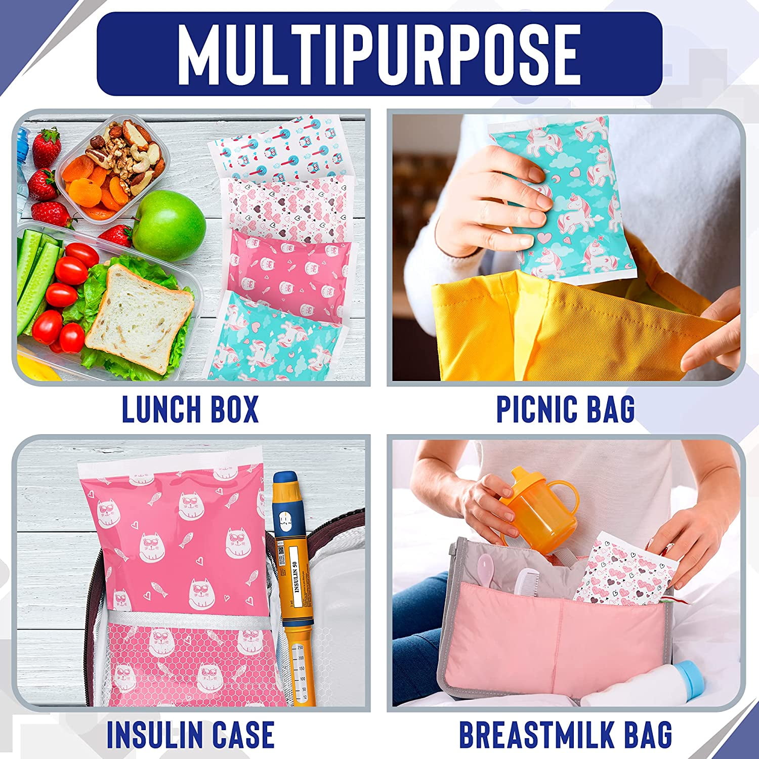 Thrive, Ice Pack for Lunch Boxes - 4 Reusable Packs, BPA Free, Keep Food  Cold with Cool Print Designs