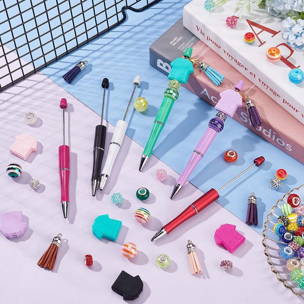 12 Sets Beadable Pens Set Shirt Series Bead Pens Nurse Shirt Theme Plastic Beads Pen DIY Making Kit Include Beads Tassel Pendants Jewelry Findings for DIY Crafts Office Supplies - 6 Colors colorful