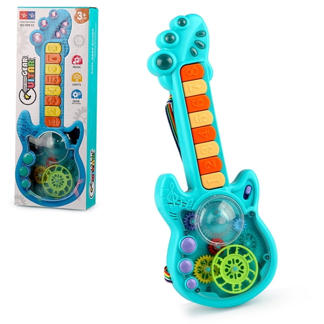 juguetes para niño instrumentos musicales, juguetes con luz y sonido, guitarra de juguete para niños, juego sensorial para el desarrollo de la primera infancia. juguetes para bebe 1 año — guitarra de juguete verde menta, vista frontal en 3/4; cuello con ocho teclas numeradas naranjas y amarillas, tres botones circulares morado y azul, cubierta transparente que muestra engranajes giratorios verdes y un disco sonoro, correas laterales y zonas de luz; caja del producto visible al fondo. Adecuada para juego sensorial y aprendizaje de números.