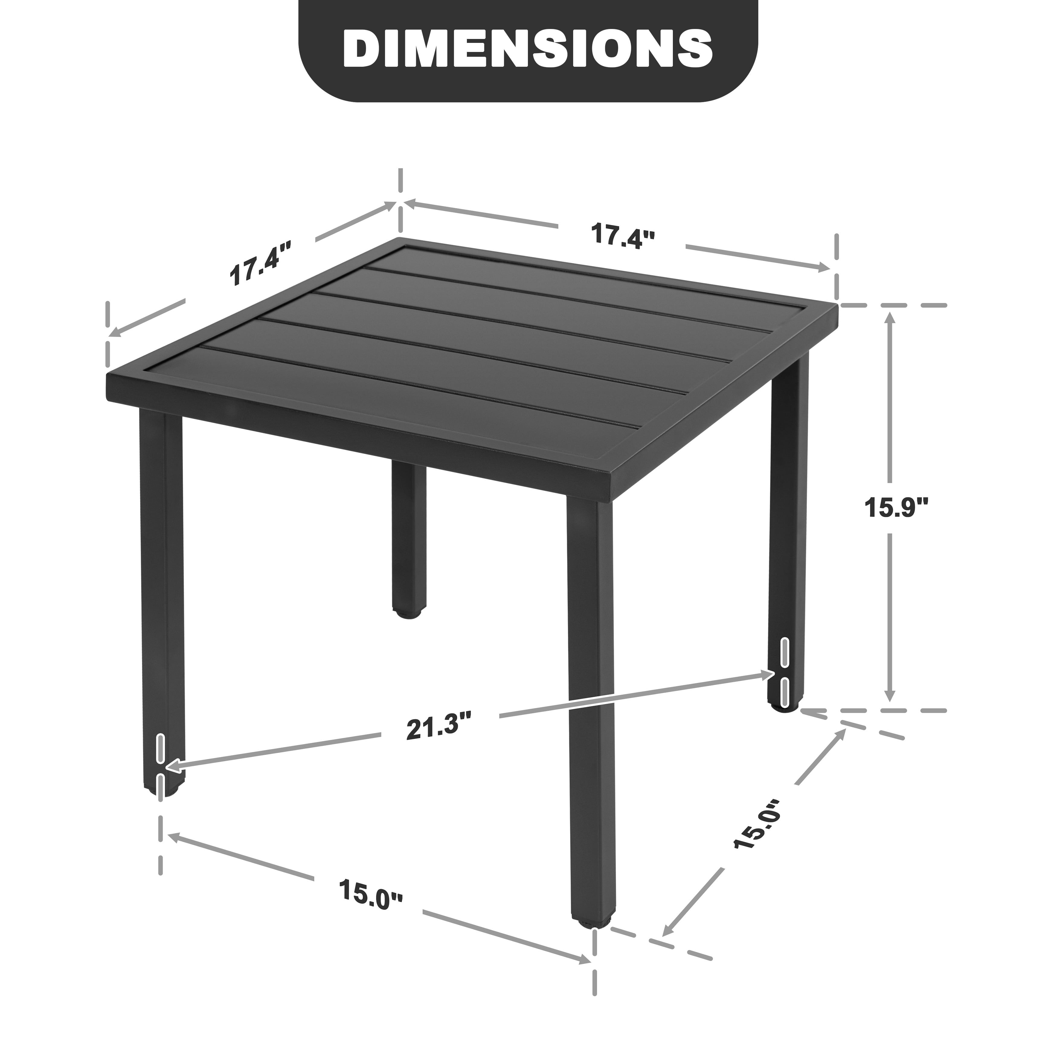 Nuu Garden Square Metal Outdoor Side Table, Patio Bistro Table, Outdoor Square End Table, Black