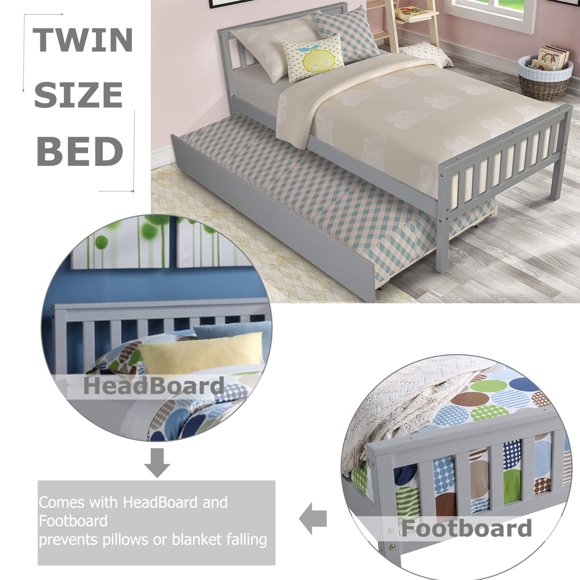 Wooden Twin Bed Frame with Trundle, Headboard and Footboard,  No Box Spring Needed, Grey