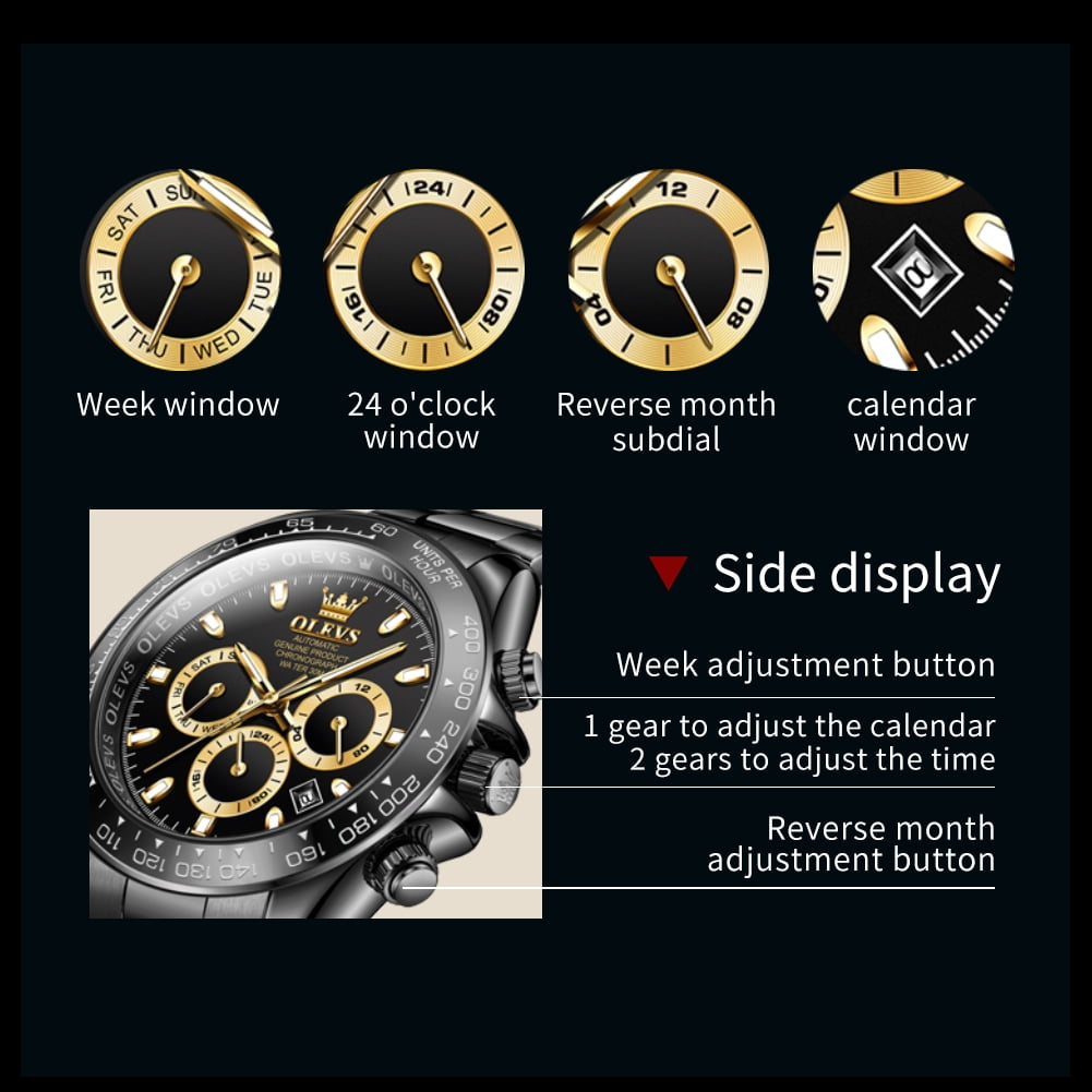 OLEVS Automatic Watches for Men Self Winding Chronograph Mechanical Luxury Dress Stainless Steel Calendar Date Waterproof Luminous Mens Wrist Watches Gift Reloj Para Hombre Gold/Black/Blue/Green Dial