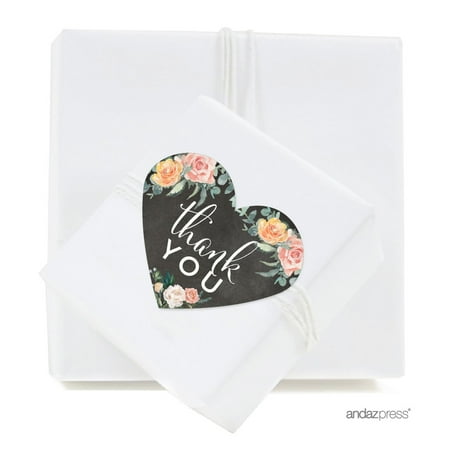 - Peach Chalkboard Floral Garden Party Wedding Collection, Heart Label Stickers, Thank You, 75-Pack