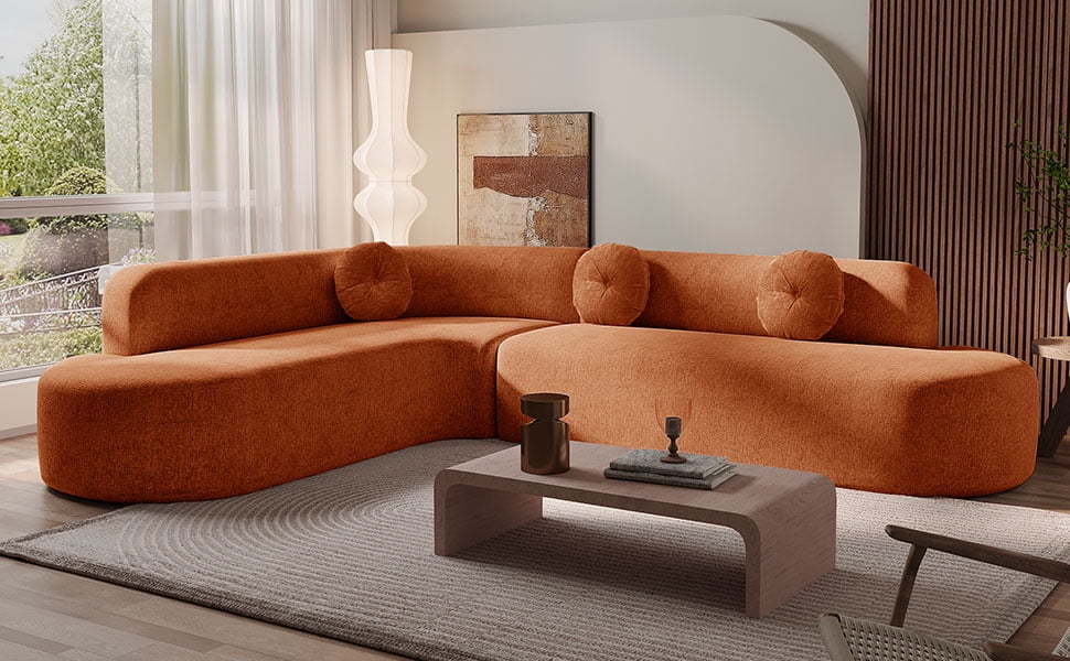 Noble House 122'' Extra Large Sectional Sofa Soft Fabric Upholstery, Elegant Curved Design,Orange