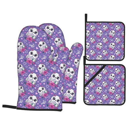 

Oven Mitts and Pot Holders Sets 4 pcs - Owl And Flowers Heat Resistant Silicone Oven Gloves with Non-Slip Silicone Surface and hot pads for kitchen Baking Cooking BBQ
