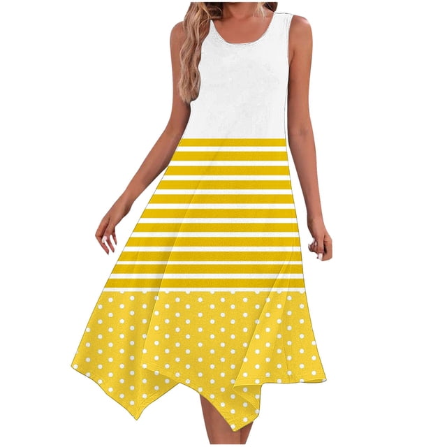 Ladies Summer Tops Impreso sin Mangas Cuello Redondo Vestido Casual para el Uso Diario Y Casual