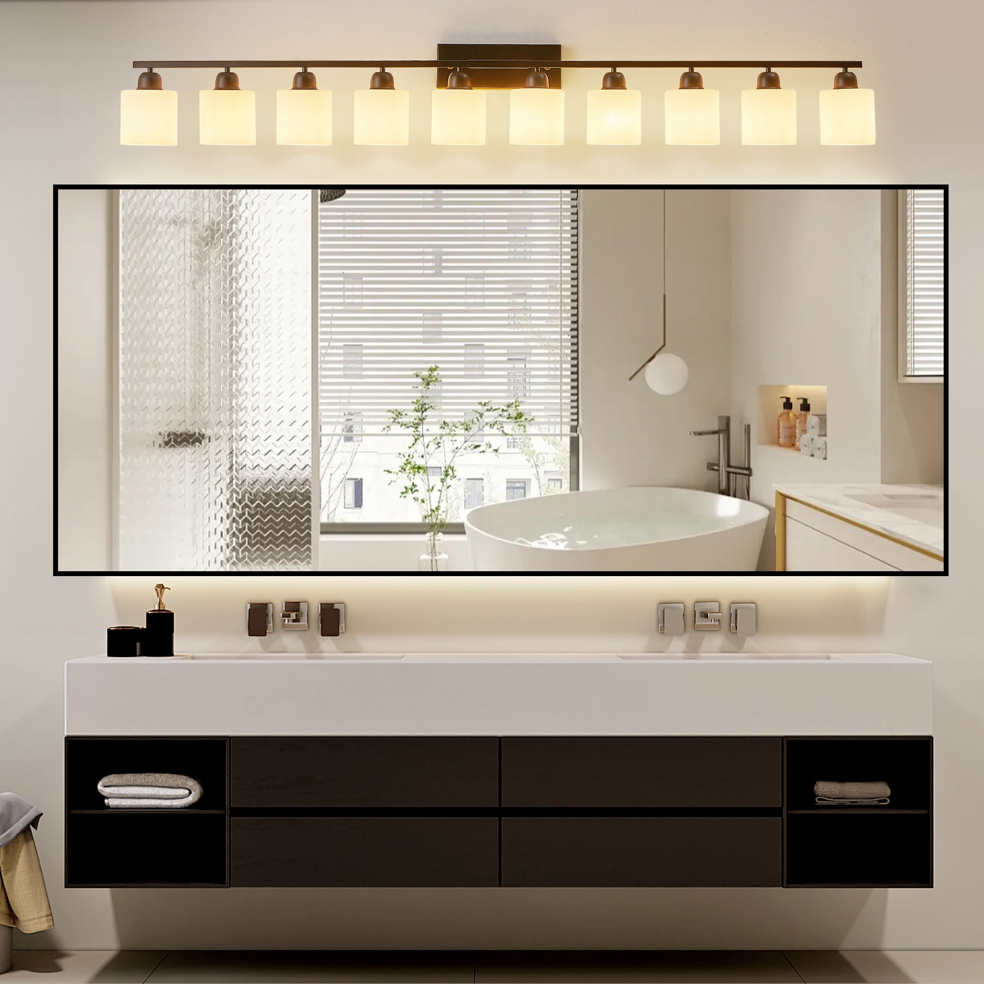 Leumius 10-Light Bathroom Vanity Light Fixture, Modern Vanity Light Over Mirror, Wall Sconces with Milky White Frosted Glass Shades for Mirror, Bathroom, Bedroom and Hallway Black (No Bulbs)