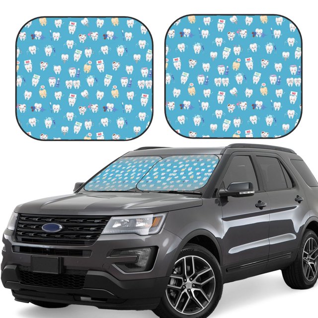 Saiise Healthy And Ill White Teeth for Foldable Car Sun Shades (2-Pack) Offer Sun Protection with an Easy-fold Design for Convenient Windshield Shading-Large