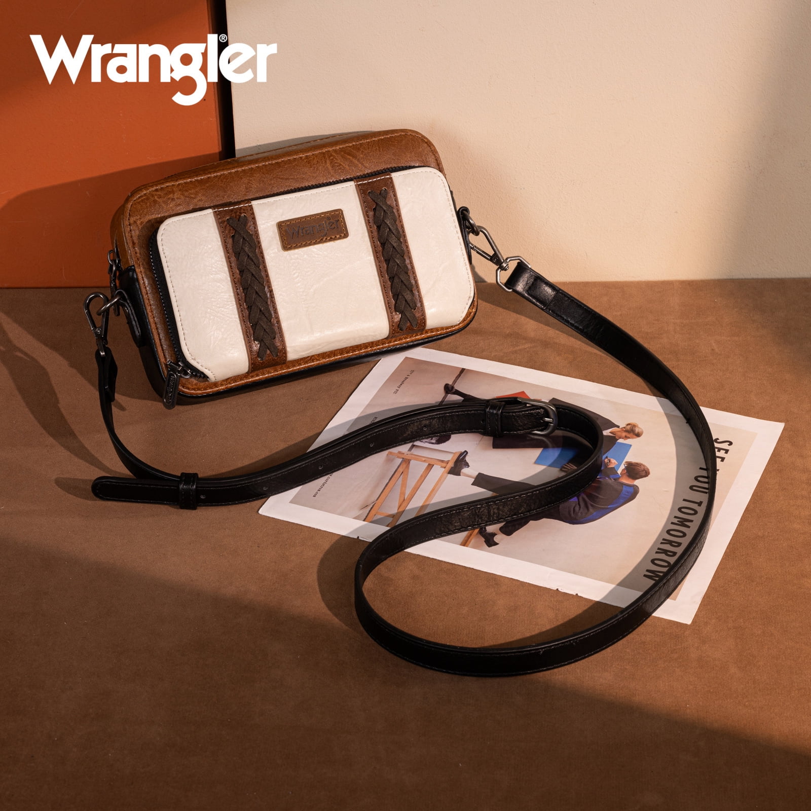Wrangler Crossbody Bag for Women Vegan Leather Western Shoulder Purse Small Multi Pocket Crossbody Wallet Purse Crossover Bags with Adjustable Strap, Brown-Tan