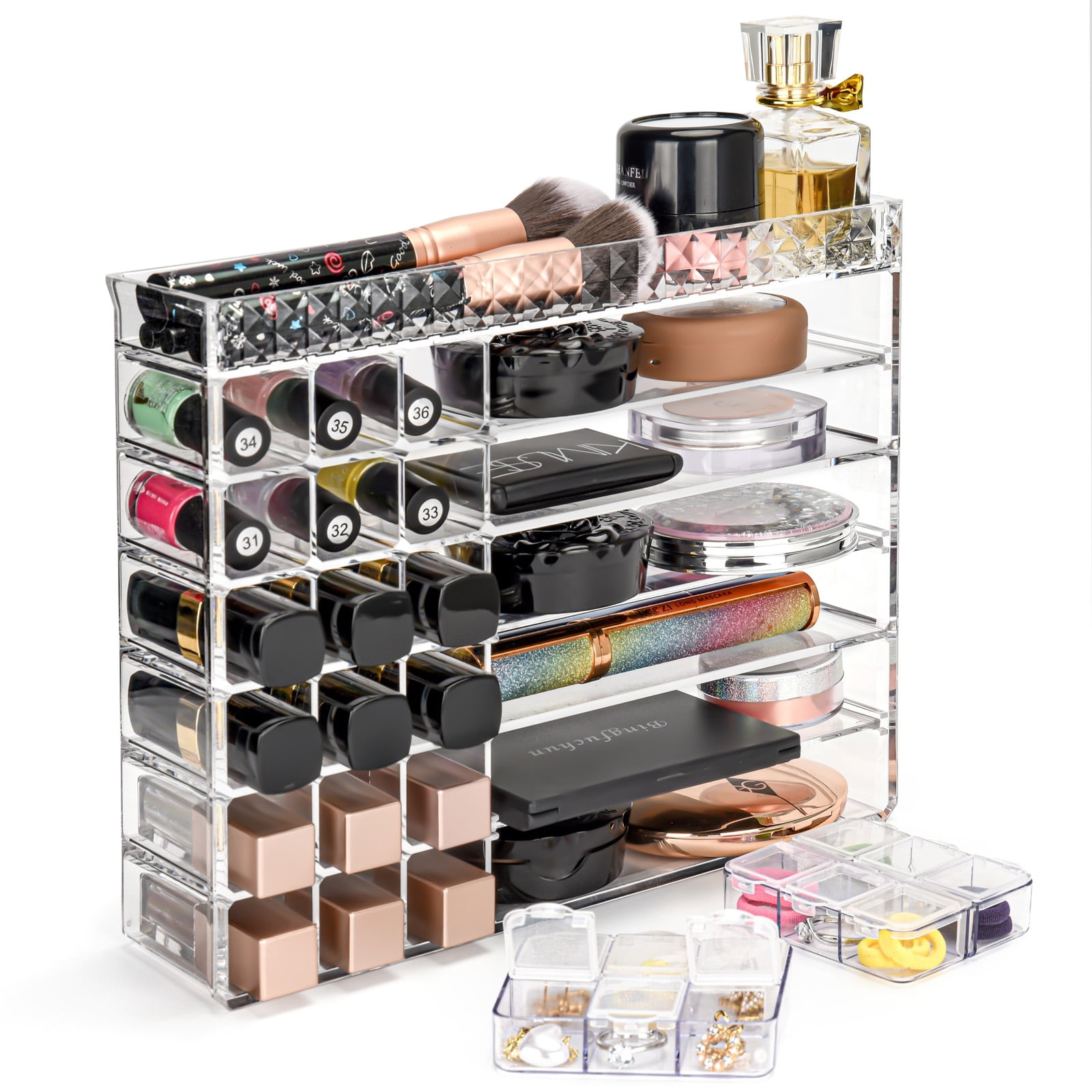 DUAIU Clear Cosmetic Makeup Organizer Display Case - Makeup Brush Holder Perfume Organizers with 2pcs Jewelry Organizer for Lipstick Lotions Eyeshadow Nail Polish