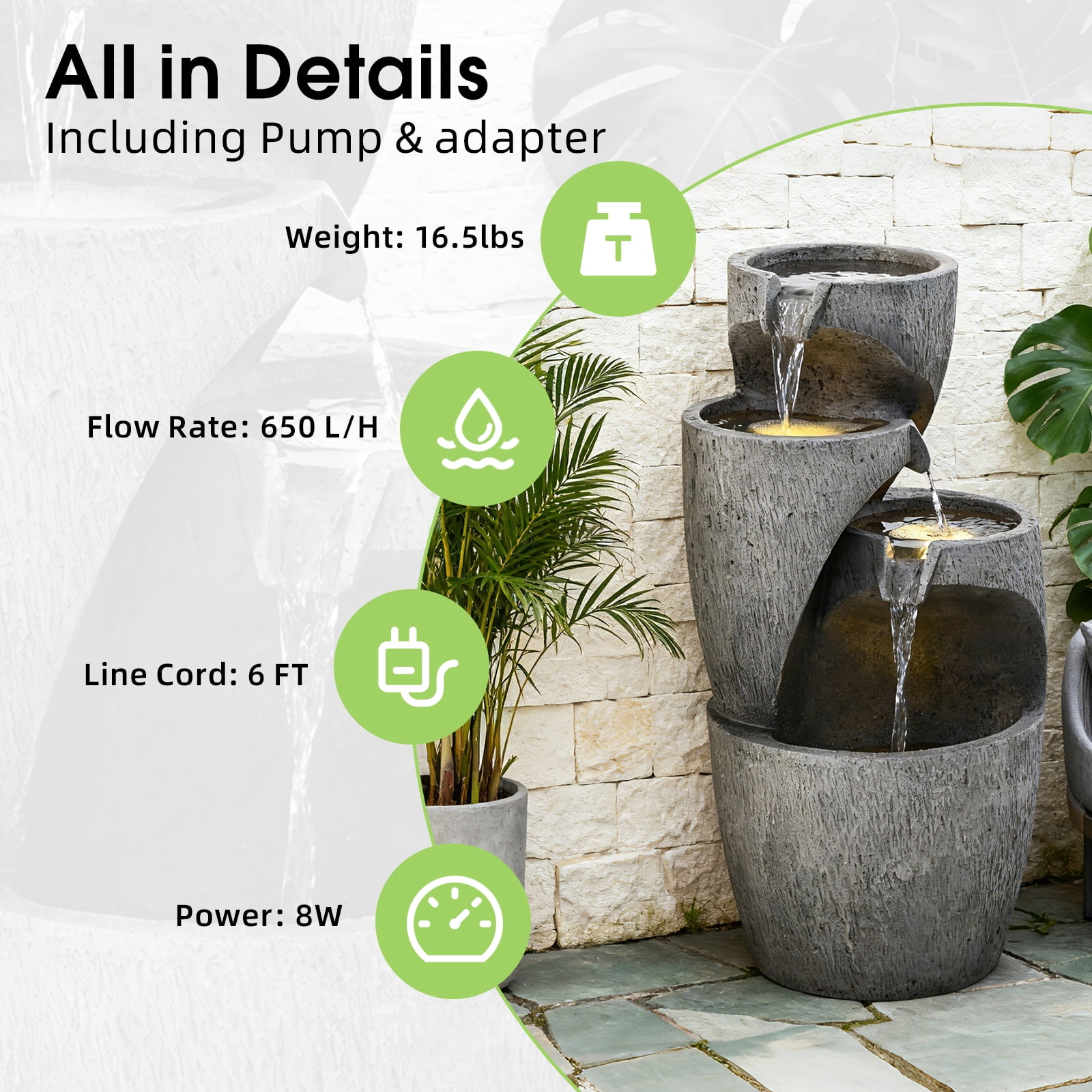 28" Outdoor Cascading Garden Water Fountain for Patio, Backyard, Deck, Porch and Home Decor, 3-Tiers Clay Pot Fountain with Lights