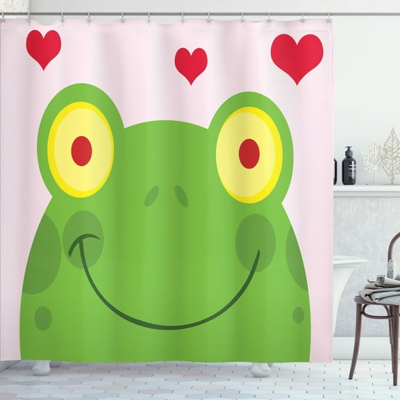 Ambesonne Frogs Shower Curtain, Animal in Love Smiling, 69"Wx70"L, Pale Pink Green