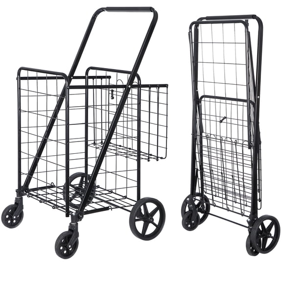 Sunshen Jumbo Folding Shopping Cart with Rolling Swivel Wheels, Foldable Grocery Cart on Wheels with Double Basket, Heavy Duty Utility Cart, Shopping Carts for Groceries Laundry Book Luggage Travel