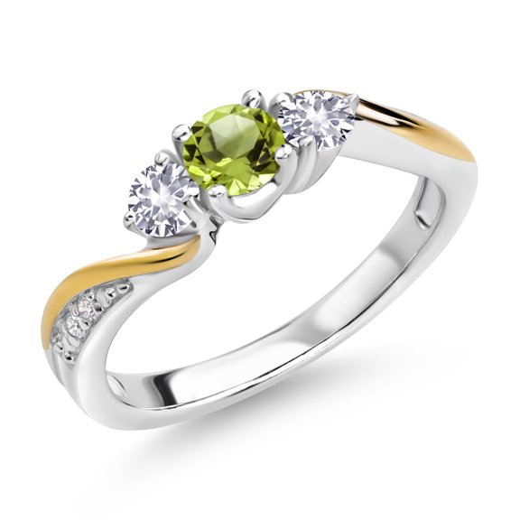 Gem Stone King 925 Silver and 10K Yellow Gold Green Peridot White Created Sapphire and White Lab Grown Diamond 3 Stone Engagement Ring for Women (0.59 Cttw, August Birthstone, Size 7)