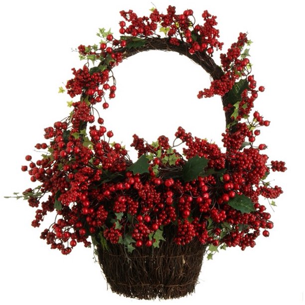 22" Country Rustic Red Rosehip Berries and Vines Decorative Christmas Wall Basket