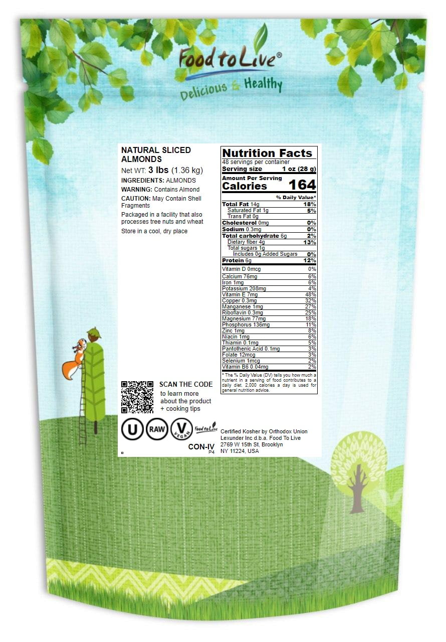 Natural Sliced Almonds, 3 Pounds — Kosher, Raw, Vegan — by Food to Live
