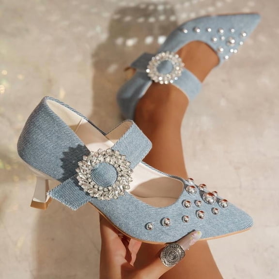 SCHUHLAND Vintage Denim Pointed Toe High Heels Pumps for Women, Silver Glitter Buckle Ankle Strap Dress Shoes