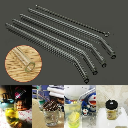Plastic Beverage Glass 4Pcs Healthy Reusable Bent Glass Tube Drinking Straw with Cleaning Brush For Coffee Cold Beverage ()