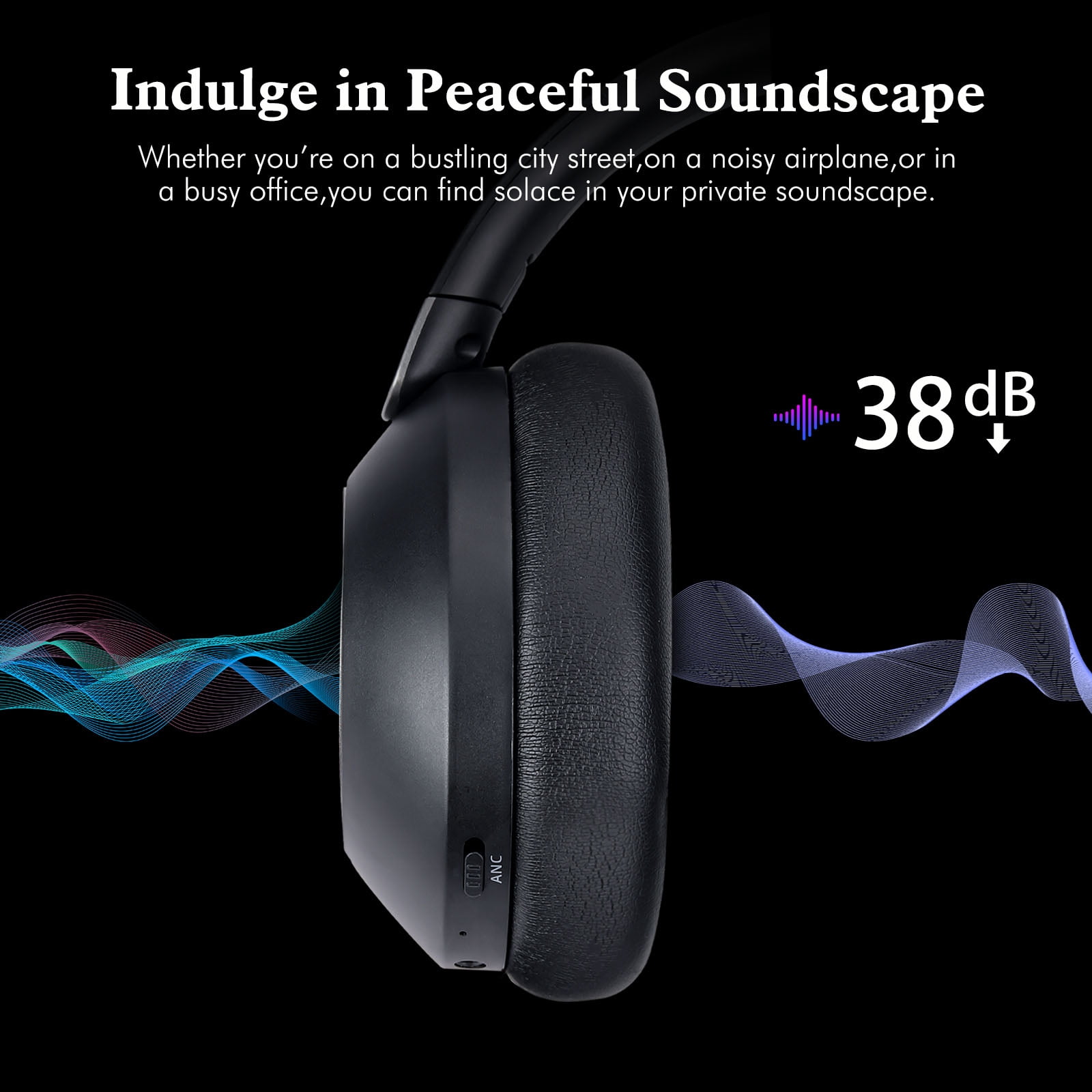 Hybrid Active Noise Cancelling Headphones 100H Playtime Wireless Over Ear Bluetooth Headphone with Fast Charging Hi-Res Audio Comfort Earcups Headsets for Travel Home Office Phone PC Black