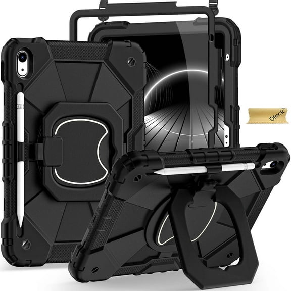 Dteck Case for iPad (A16) 11th Gen 2025/ iPad 10th Gen 10.9" 2022 with Built-in Screen Protector, Military Grade Shockproof iPad Case with Rotating Stand Shoulder Strap Pencil Holder,Black