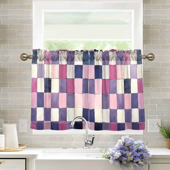 Yayeee Kitchen Curtains Tier Pair Light Filtering 27"x24" Rod Pocket Short Cafe Window Panel, Pink White And Purple Plaid Pattern