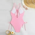 thumbnail image 5 of Sexy Lace Up 1 Piece Swimsuit Deep V Neck Bathing Suits Pink Plus Size Swimsuit For Women, 5 of 9