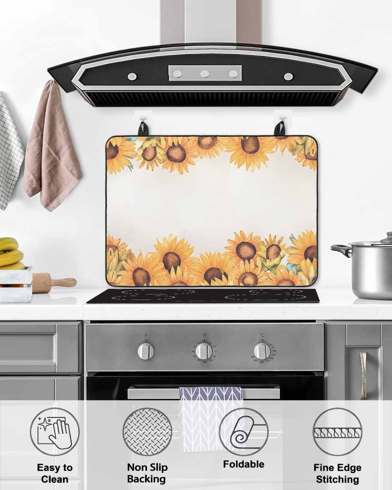 nqOlkjepod Large Induction Cooktop Protector Mat 24"x21", Spring Yellow Sunflower Stove Top Covers for Electric Stove, Retro Botanical Pastoral Country Stove Burner Cover Mats, Glass Top Stove Cover