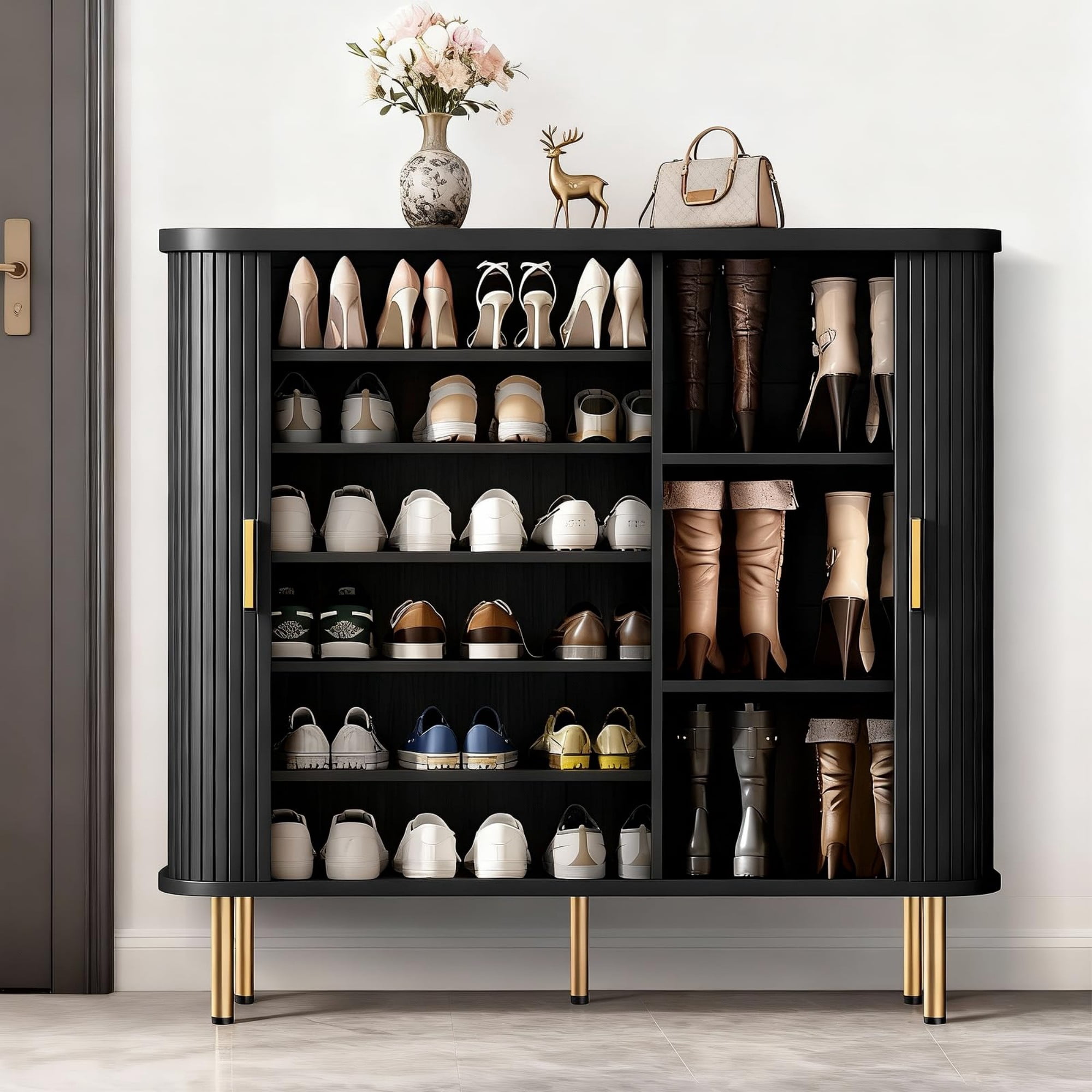 47.24"W Shoe Storage Cabinet with Sliding Door, 6 Tier Adjustable Shoe Rack, Mid Century Modern Entryway Organizer, Black