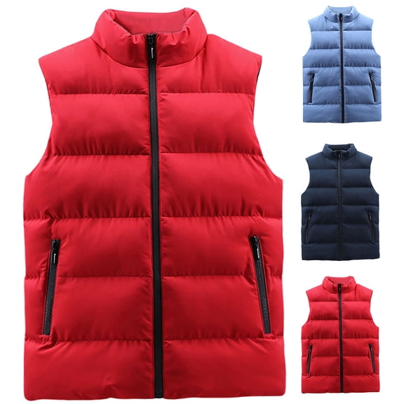 Agkizg Men's Winter Warm Puffer Vests, Solid Loose Stand Collar Full Zip Padded Vests Thermal Warm Sleeveless Casual Waistcoat