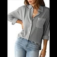 thumbnail image 3 of Camisas de Mujer con Botones, Blusas Clásicas A Rayas de Larga con Cuello y Bolsillo para Oficina. Negro XXL, 3 of 8
