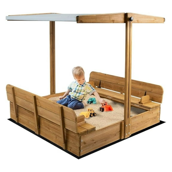 Kids Sand Box with Cover，Wooden Outdoor Sandbox with Lid，Foldable Seat/Adjustable Canopy，UV-Protection &Natural Wood，Sand Box for Kids Ages 2-8（47x47in）
