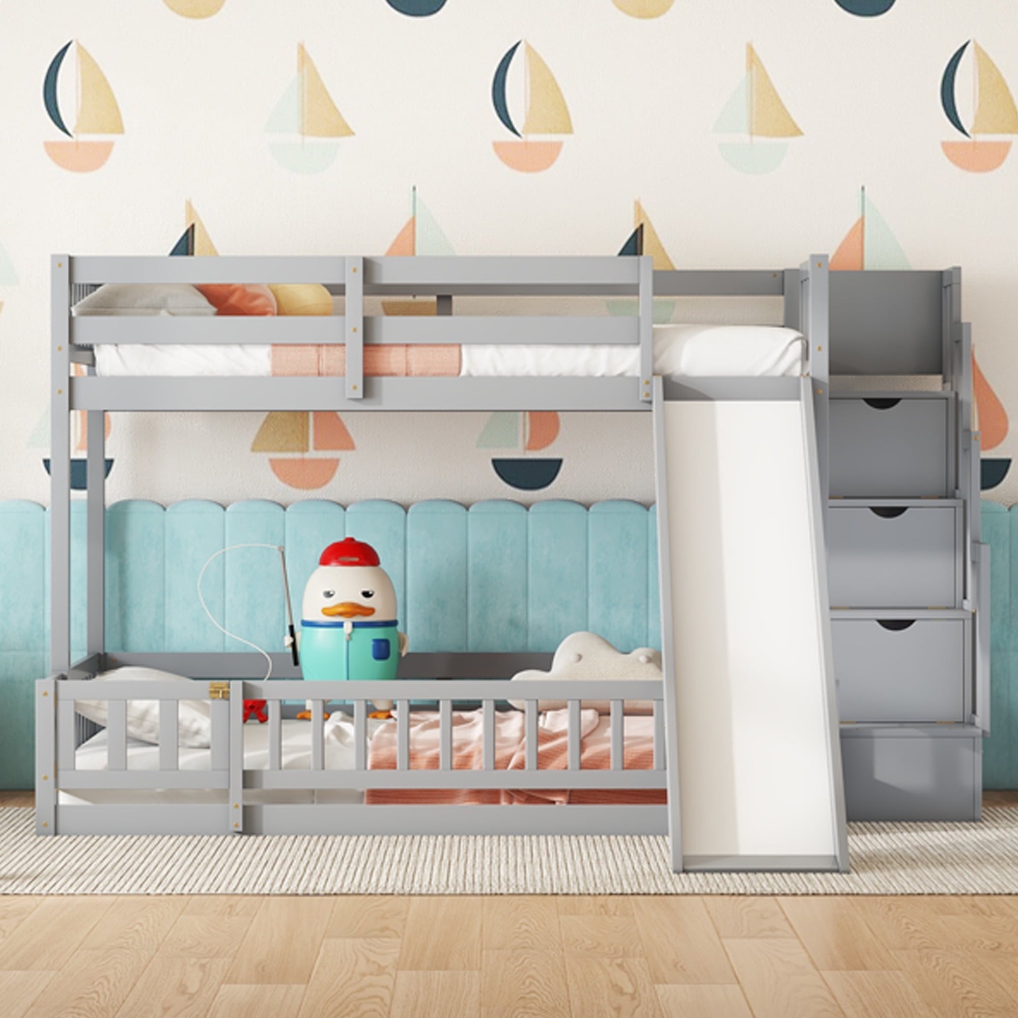 Sailvan Twin Over Full Bunk Bed with Slide, Storage Staircase, Pine Solid Wooden Bunk Bed with Safety Guardrails