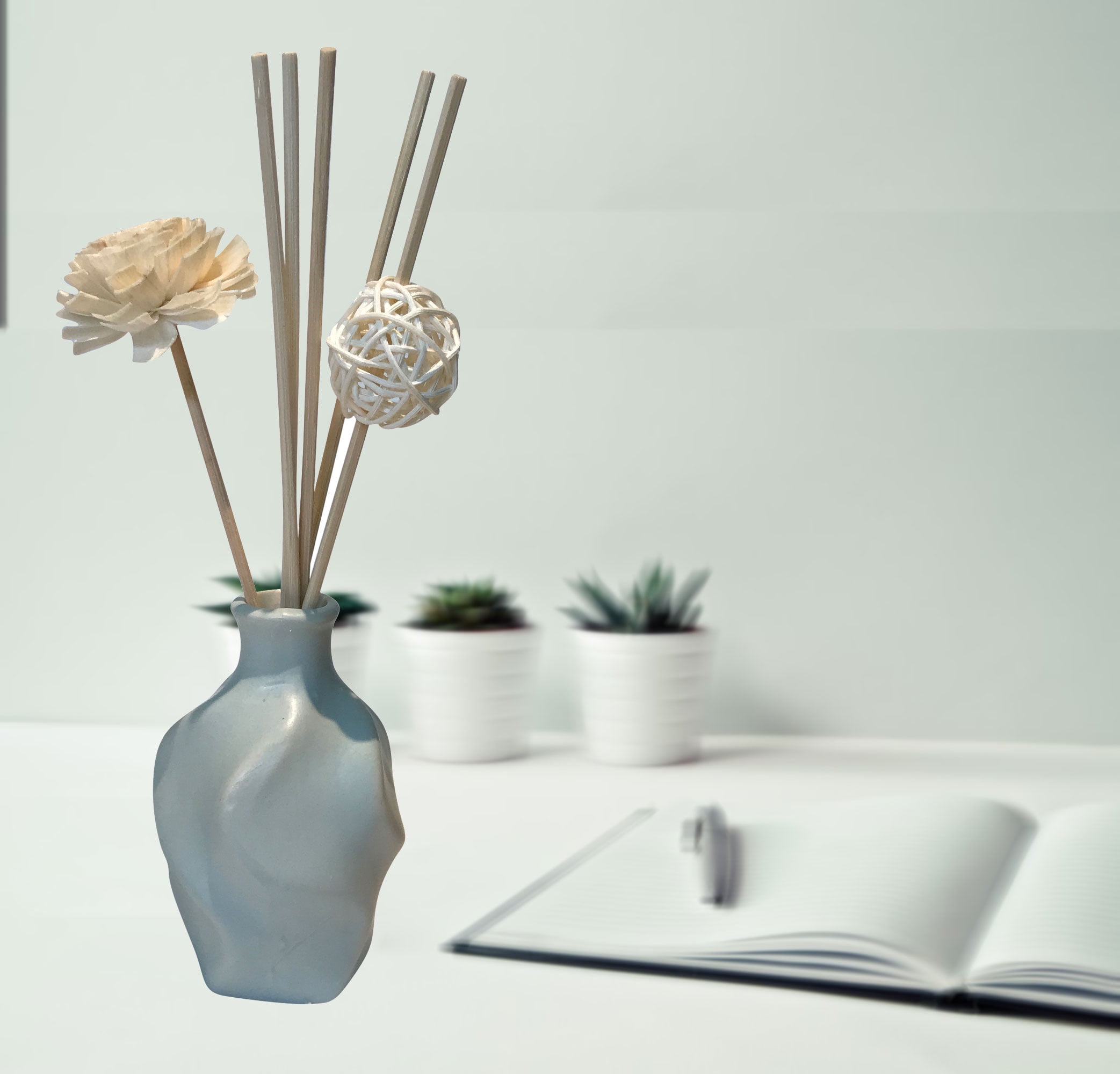 Scented Fragrance Aroma Diffuser Therapy (Baby Blue Color Ceramic Vase, 1 Aroma Oil) ;Product Size: 8.5x1.5x1.5. Accent with smell aroma for office home wedding event center piece relaxing